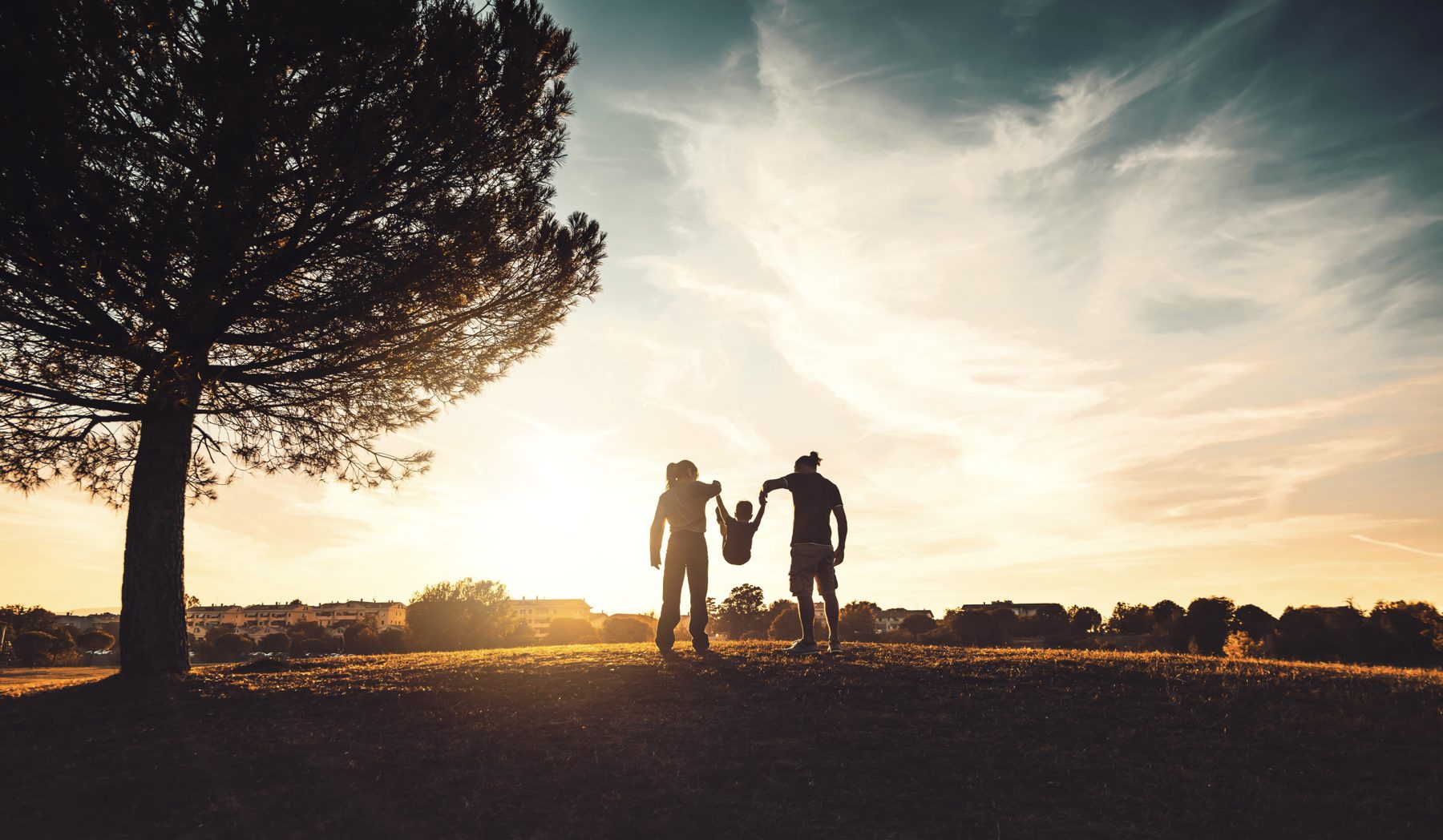 Eine Familie geht Hand in Hand über eine Wiese im Abendlicht